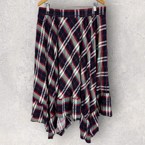 Torrid Plaid Maxi Skirt Womens Size 1X Hanky‎ Hem Challis Blue Red Elastic Waist - Picture 13 of 14